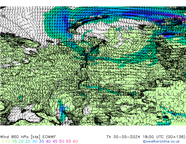 Wind 850 hPa ECMWF Čt 30.05.2024 18 UTC