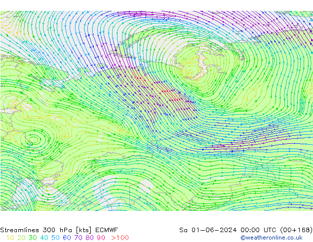 Línea de corriente 300 hPa ECMWF sáb 01.06.2024 00 UTC