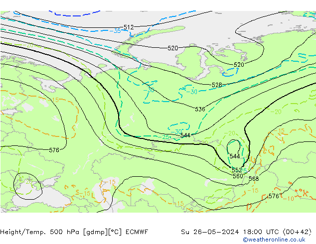 Hoogte/Temp. 500 hPa ECMWF zo 26.05.2024 18 UTC