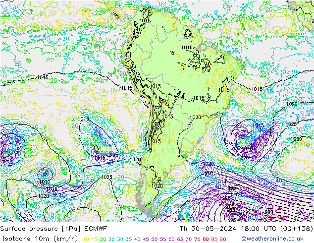 Isotachs (kph) ECMWF Th 30.05.2024 18 UTC