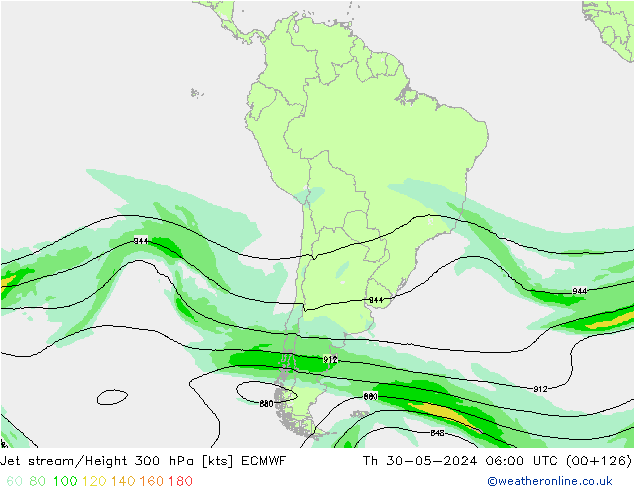 Jet stream/Height 300 hPa ECMWF Čt 30.05.2024 06 UTC