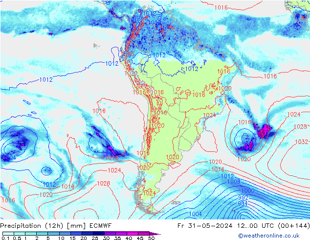 Totale neerslag (12h) ECMWF vr 31.05.2024 00 UTC