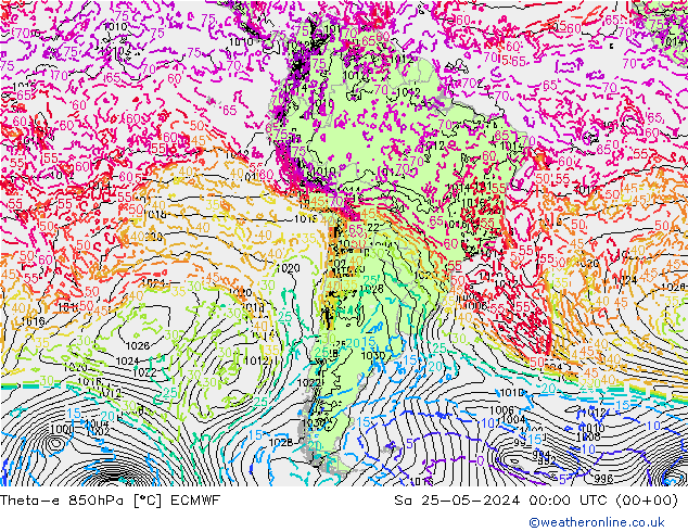 Theta-e 850hPa ECMWF so. 25.05.2024 00 UTC