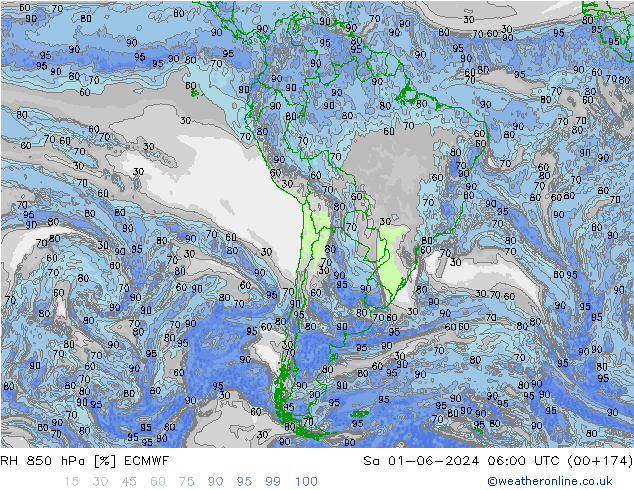 Humedad rel. 850hPa ECMWF sáb 01.06.2024 06 UTC