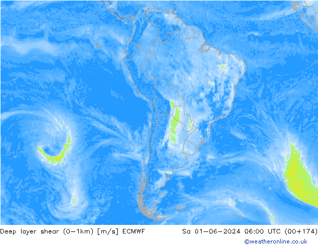 Deep layer shear (0-1km) ECMWF sáb 01.06.2024 06 UTC