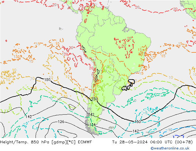 Géop./Temp. 850 hPa ECMWF mar 28.05.2024 06 UTC