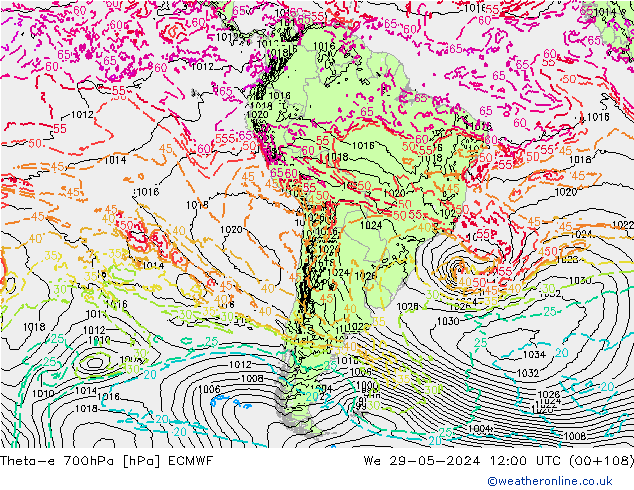 Theta-e 700hPa ECMWF  29.05.2024 12 UTC