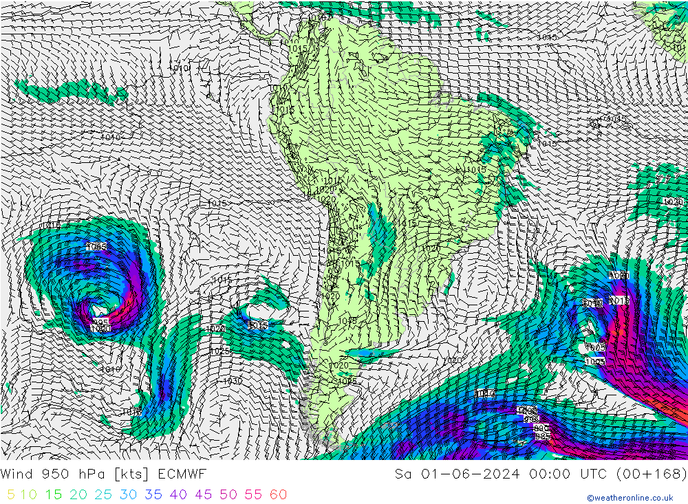 Vento 950 hPa ECMWF Sáb 01.06.2024 00 UTC