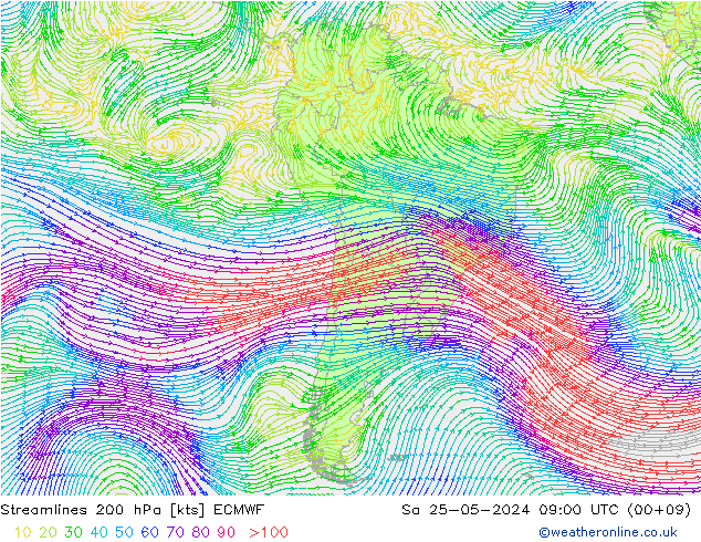 Linea di flusso 200 hPa ECMWF sab 25.05.2024 09 UTC