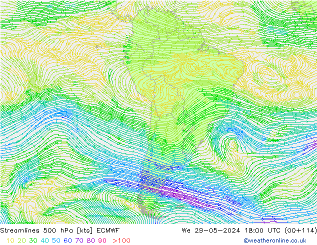 Linha de corrente 500 hPa ECMWF Qua 29.05.2024 18 UTC