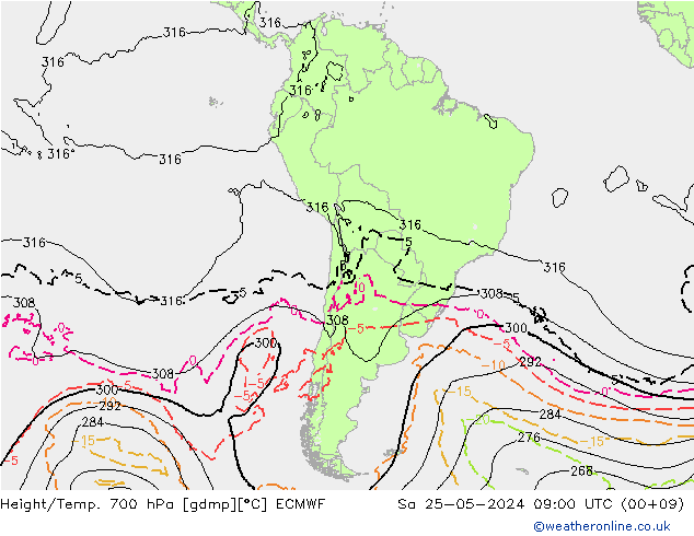 Height/Temp. 700 hPa ECMWF sab 25.05.2024 09 UTC