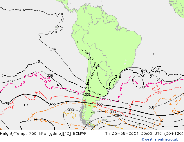 Geop./Temp. 700 hPa ECMWF jue 30.05.2024 00 UTC