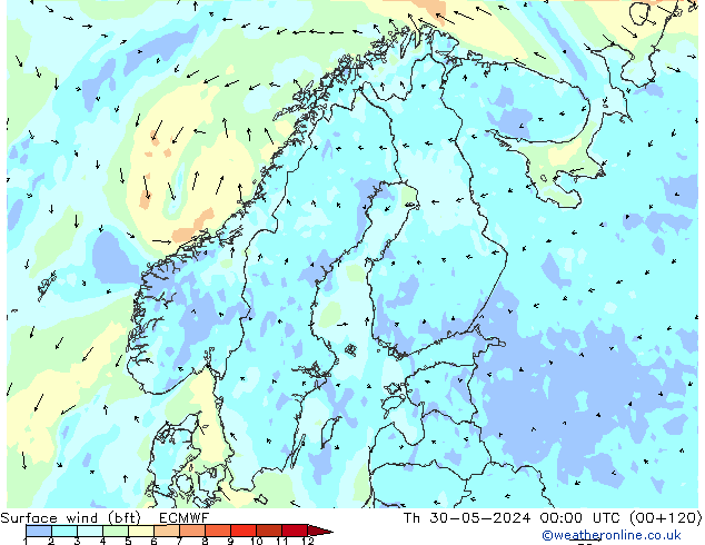 Surface wind (bft) ECMWF Th 30.05.2024 00 UTC