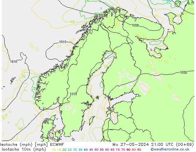 Isotachen (mph) ECMWF Mo 27.05.2024 21 UTC