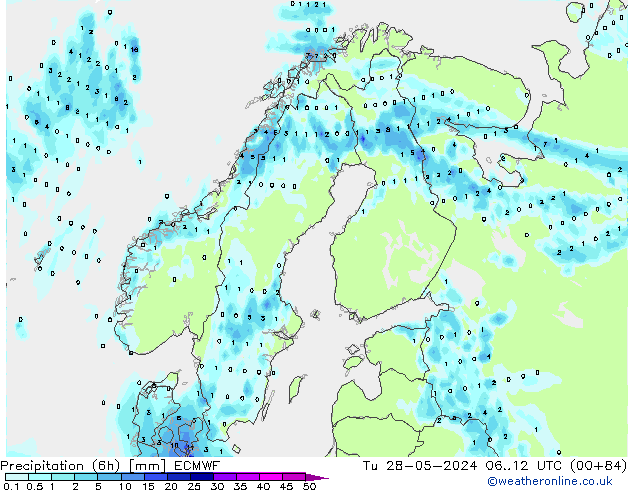 Precipitation (6h) ECMWF Tu 28.05.2024 12 UTC