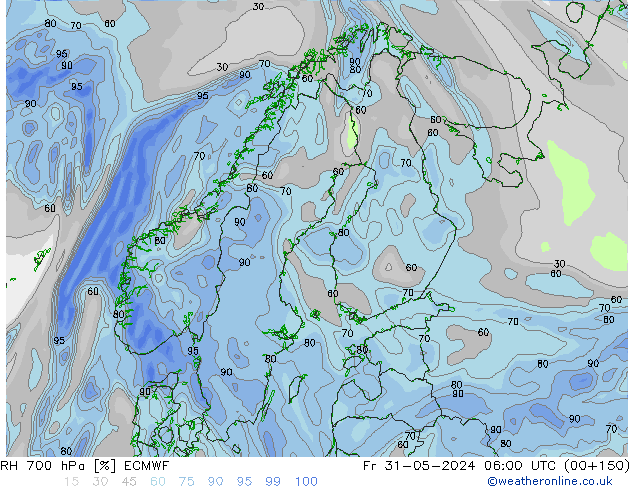 Humidité rel. 700 hPa ECMWF ven 31.05.2024 06 UTC