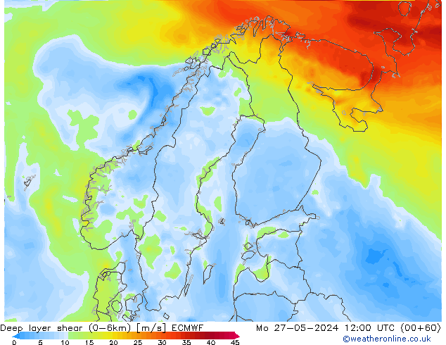 Deep layer shear (0-6km) ECMWF Mo 27.05.2024 12 UTC