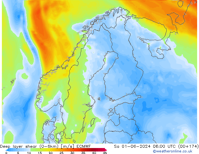 Deep layer shear (0-6km) ECMWF Sa 01.06.2024 06 UTC