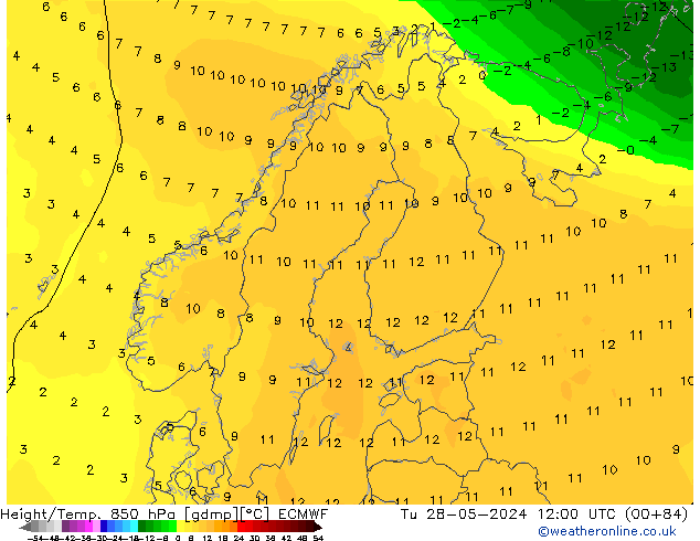 Z500/Rain (+SLP)/Z850 ECMWF Út 28.05.2024 12 UTC