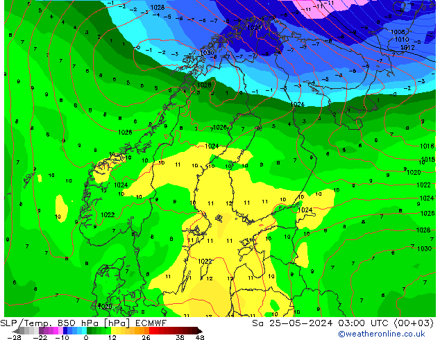 SLP/Temp. 850 hPa ECMWF Sa 25.05.2024 03 UTC