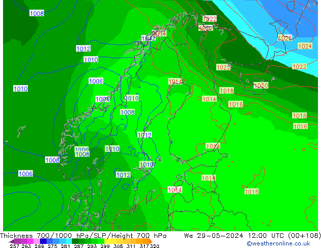 Schichtdicke 700-1000 hPa ECMWF Mi 29.05.2024 12 UTC