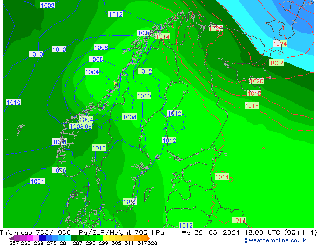 Espesor 700-1000 hPa ECMWF mié 29.05.2024 18 UTC