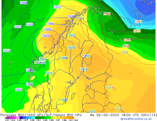 Espesor 850-1000 hPa ECMWF mié 29.05.2024 18 UTC