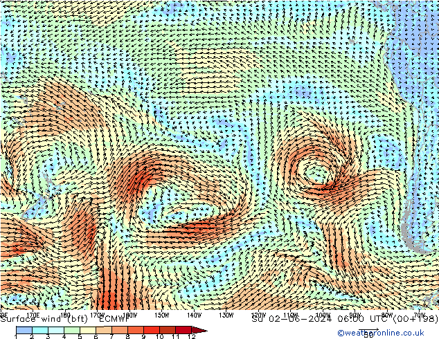 Surface wind (bft) ECMWF Su 02.06.2024 06 UTC