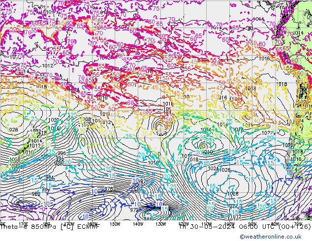 Theta-e 850hPa ECMWF do 30.05.2024 06 UTC