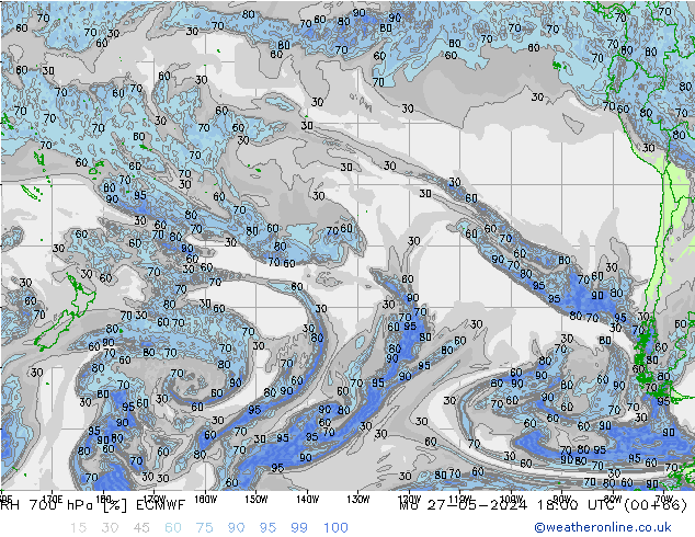 RH 700 hPa ECMWF pon. 27.05.2024 18 UTC