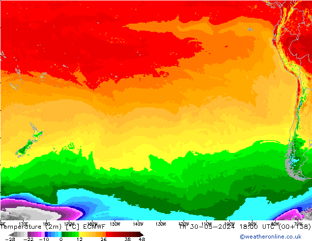 Temperatura (2m) ECMWF jue 30.05.2024 18 UTC