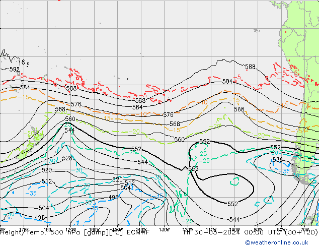 Z500/Rain (+SLP)/Z850 ECMWF Čt 30.05.2024 00 UTC