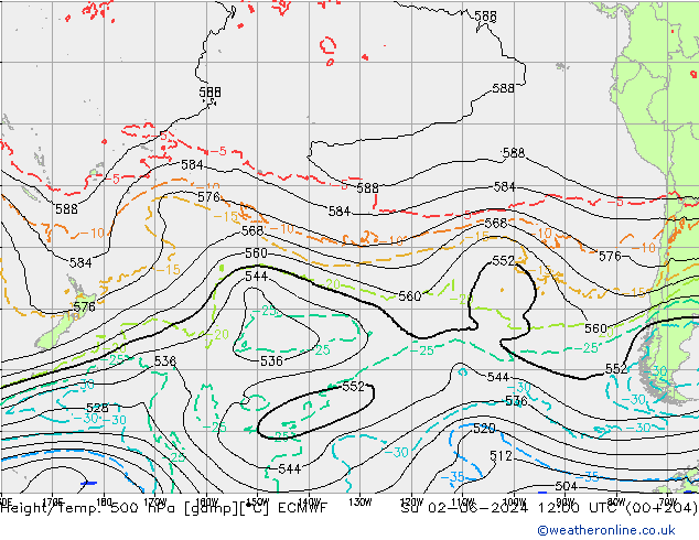 Hoogte/Temp. 500 hPa ECMWF zo 02.06.2024 12 UTC