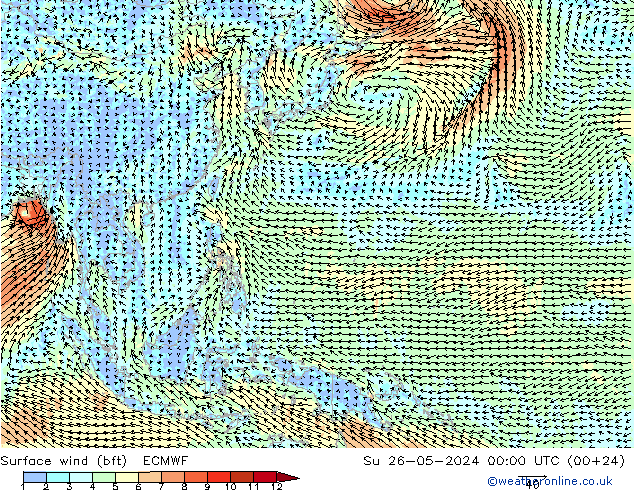 Vento 10 m (bft) ECMWF dom 26.05.2024 00 UTC