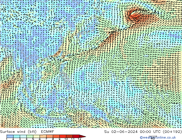 Rüzgar 10 m (bft) ECMWF Paz 02.06.2024 00 UTC