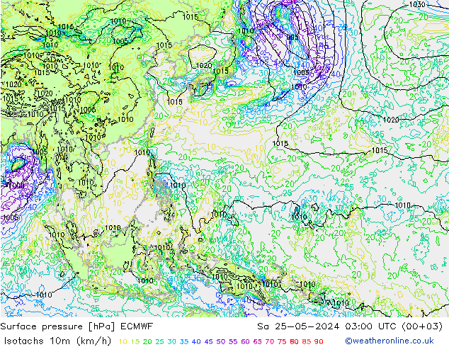 Isotachs (kph) ECMWF Sáb 25.05.2024 03 UTC