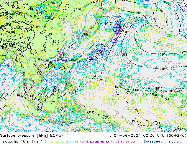 Isotachs (kph) ECMWF Út 04.06.2024 00 UTC