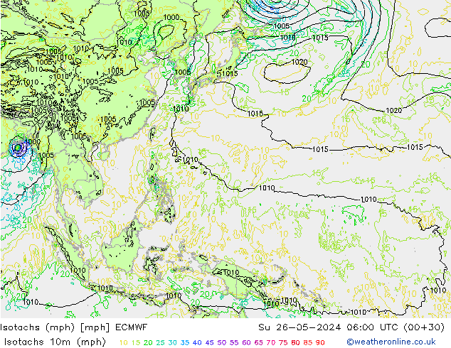 Isotachen (mph) ECMWF So 26.05.2024 06 UTC