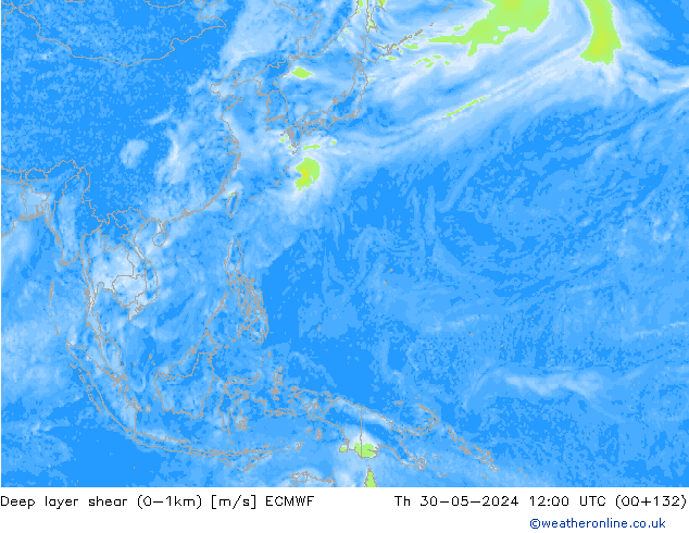 Deep layer shear (0-1km) ECMWF Čt 30.05.2024 12 UTC