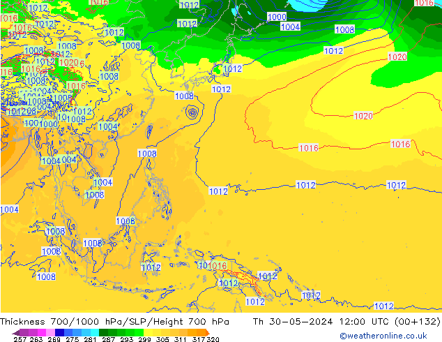 Espesor 700-1000 hPa ECMWF jue 30.05.2024 12 UTC