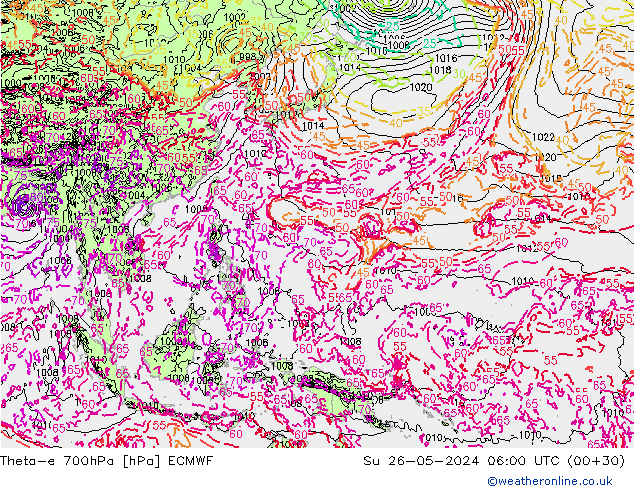 Theta-e 700hPa ECMWF So 26.05.2024 06 UTC