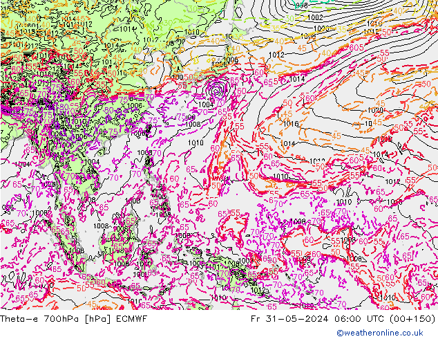 Theta-e 700hPa ECMWF ven 31.05.2024 06 UTC