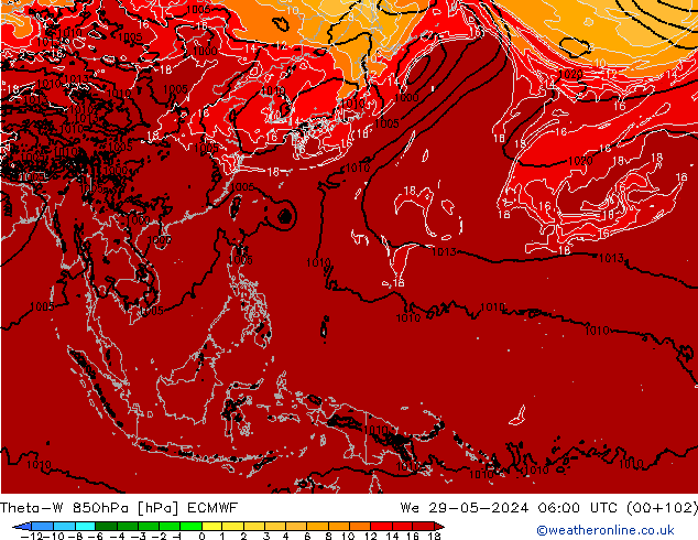 Theta-W 850hPa ECMWF śro. 29.05.2024 06 UTC