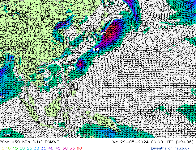 Vento 950 hPa ECMWF Qua 29.05.2024 00 UTC