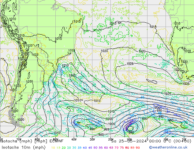 Isotachs (mph) ECMWF sam 25.05.2024 00 UTC