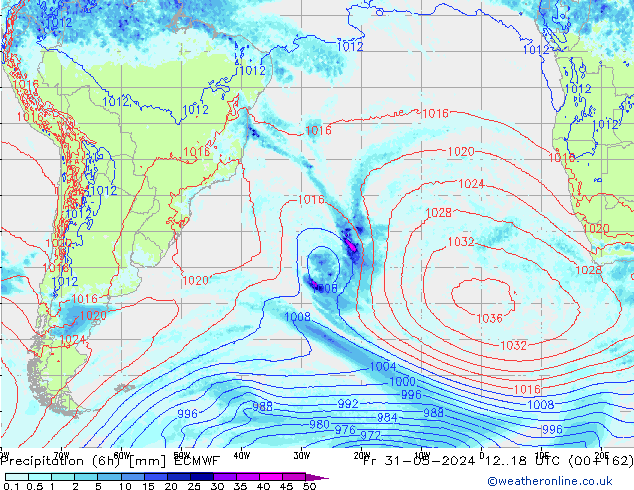 Totale neerslag (6h) ECMWF vr 31.05.2024 18 UTC