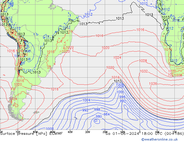 Presión superficial ECMWF sáb 01.06.2024 18 UTC