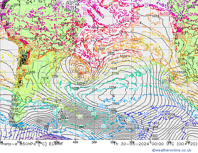 Theta-e 850hPa ECMWF Qui 30.05.2024 00 UTC