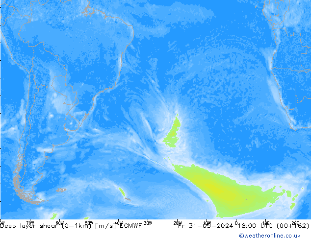 Deep layer shear (0-1km) ECMWF vr 31.05.2024 18 UTC