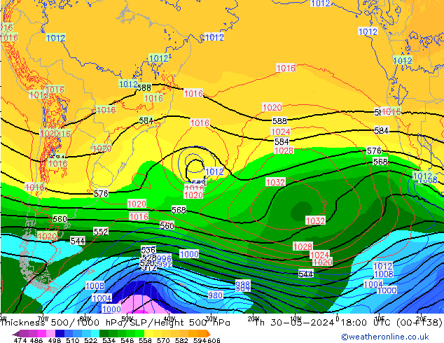 Espesor 500-1000 hPa ECMWF jue 30.05.2024 18 UTC